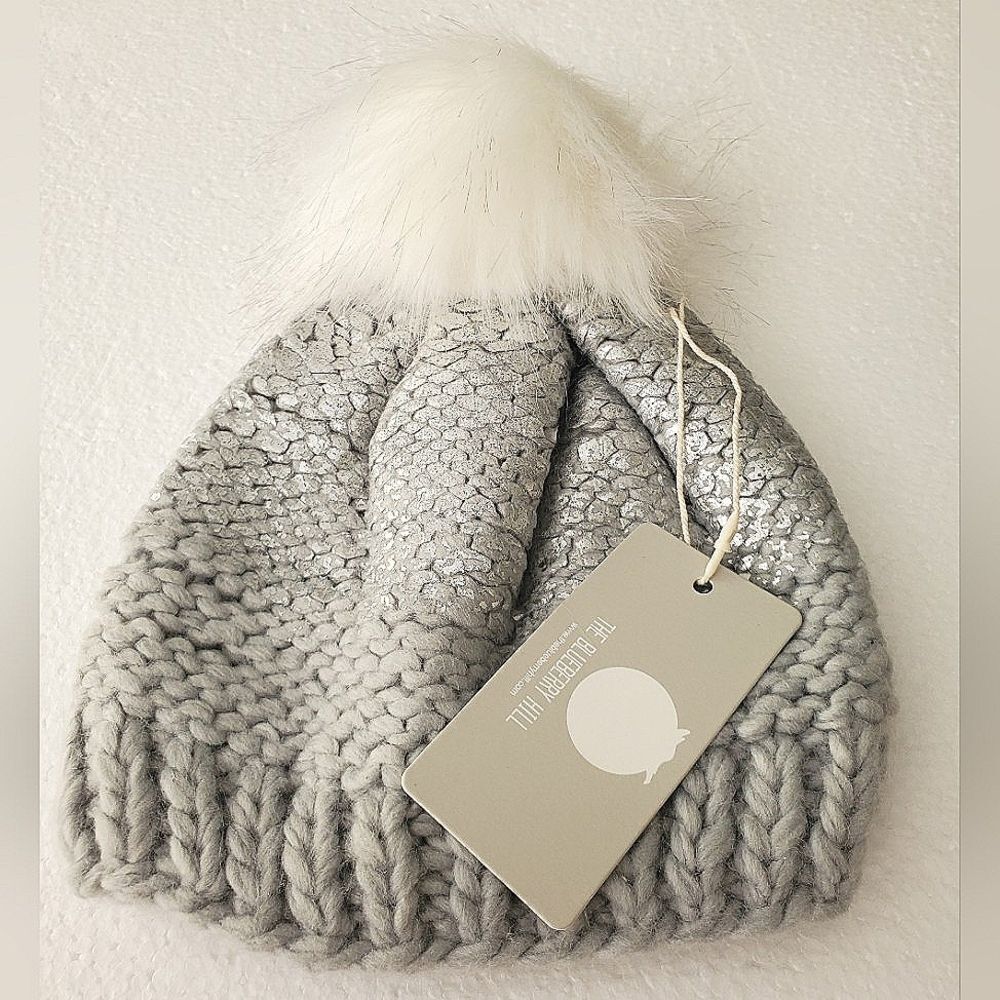 Blueberry Hill Baby Knit Infant Beanie Pompom Gray Metallic NEW Tags